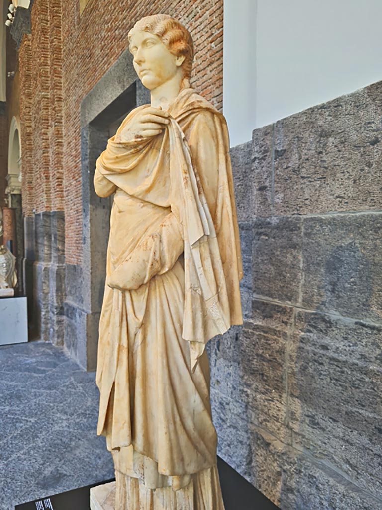Herculaneum, public area. April 2023.
Detail of white marble “Piccola Ercolanese” type statue of a young woman.
On display in “Campania Romana” gallery of Naples Archaeological Museum, inv. 6244.
Photo courtesy of Giuseppe Ciaramella.